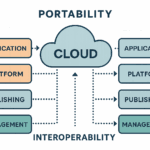 "Infographic illustrating cloud portability, showing how applications, platforms, publishing, and management layers can move across different cloud environments with interoperability."