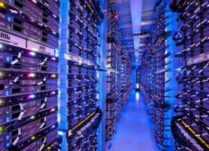 Illuminated server racks in data center